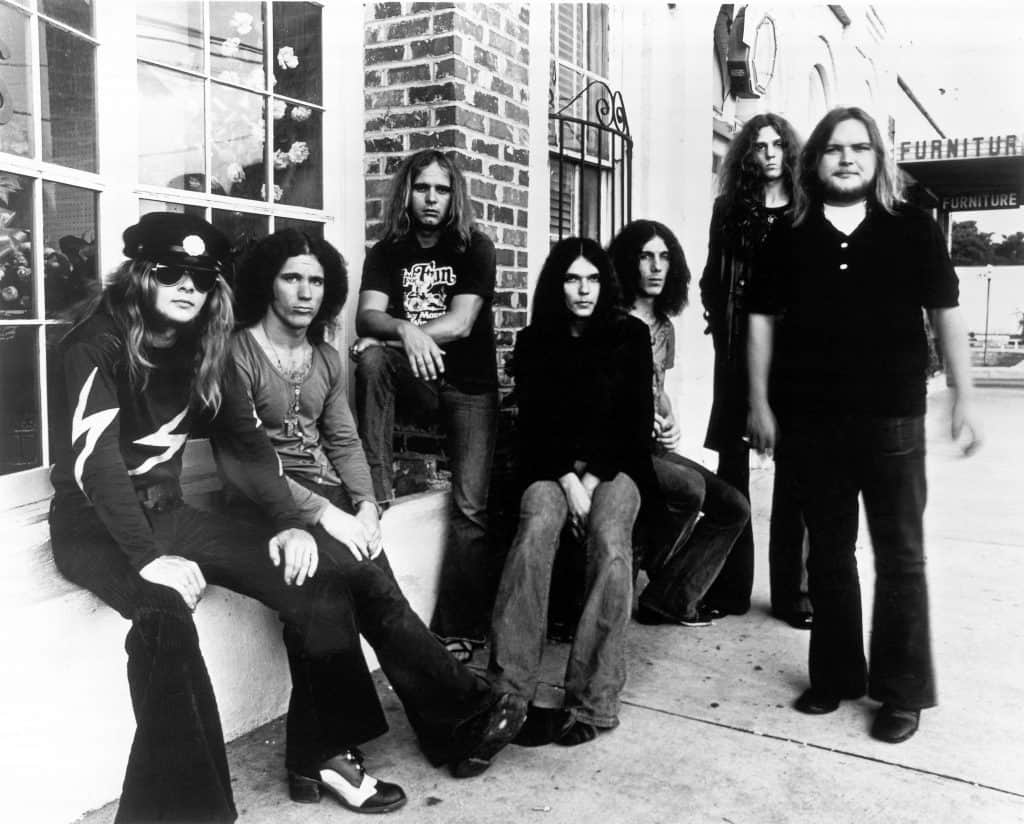 The members of Lynyrd Skynyrd pictured in 1973. Gary Rossington is the fourth person into the photo, either direction you count.