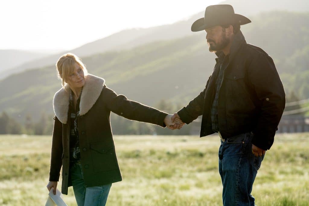 Cole Hauser and Kelly Reilly in "Yellowstone" as Rip and Beth