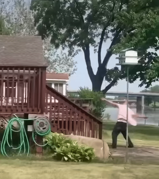 Guy throwing rocks at one of the houses.