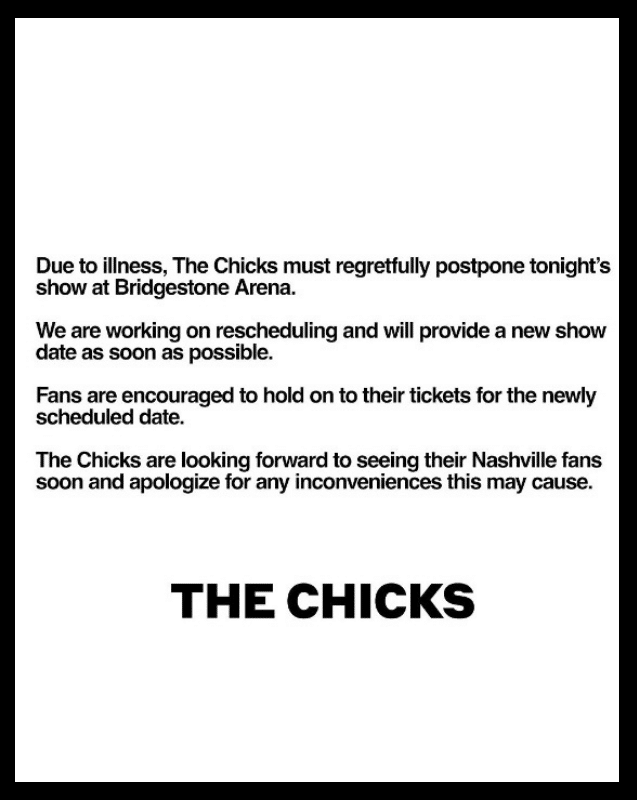 The Chicks release statement about postponed show in Nashville