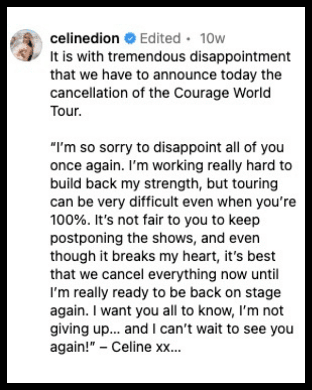 Celine Dion's statement about canceling her tour