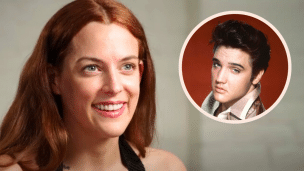 Riley Keough during an interview; circle inlay of her grandfather Elvis Presley