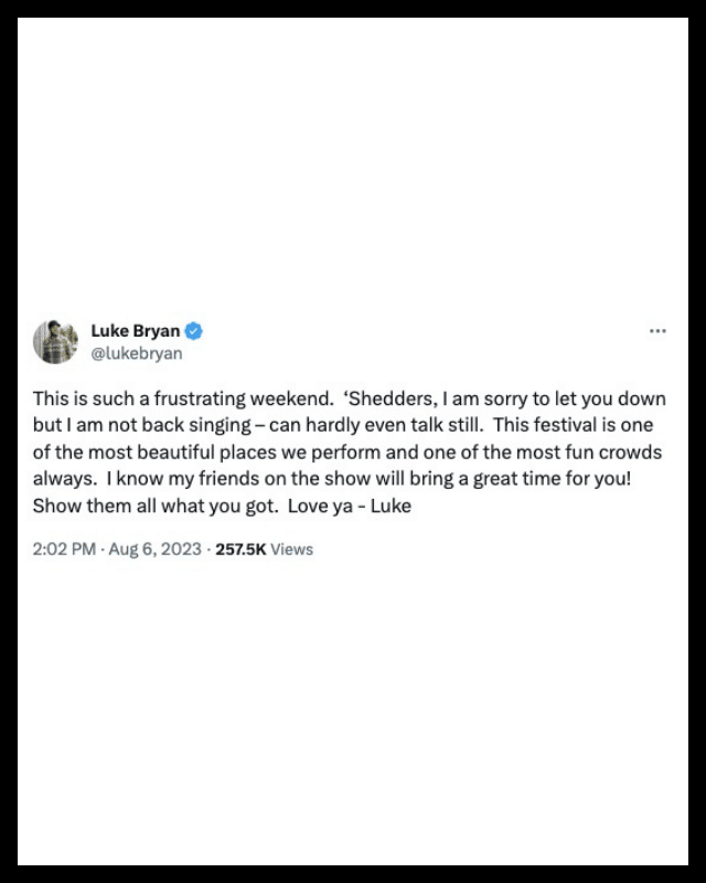 Luke Bryan tweets about needing to cancel his appearance at the Watershed Music Festival