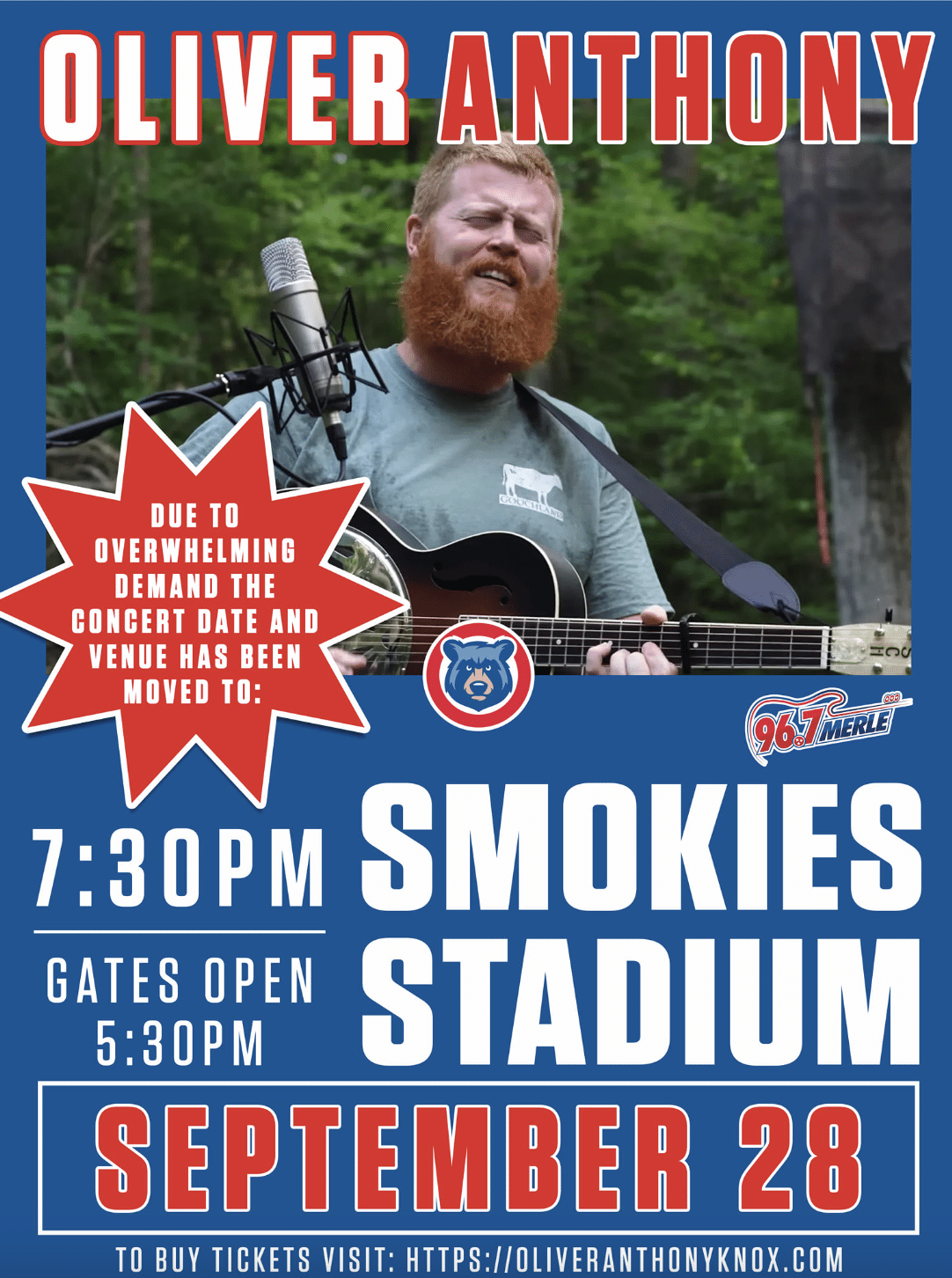 Poster for Oliver Anthony's concert at Smokies Stadium