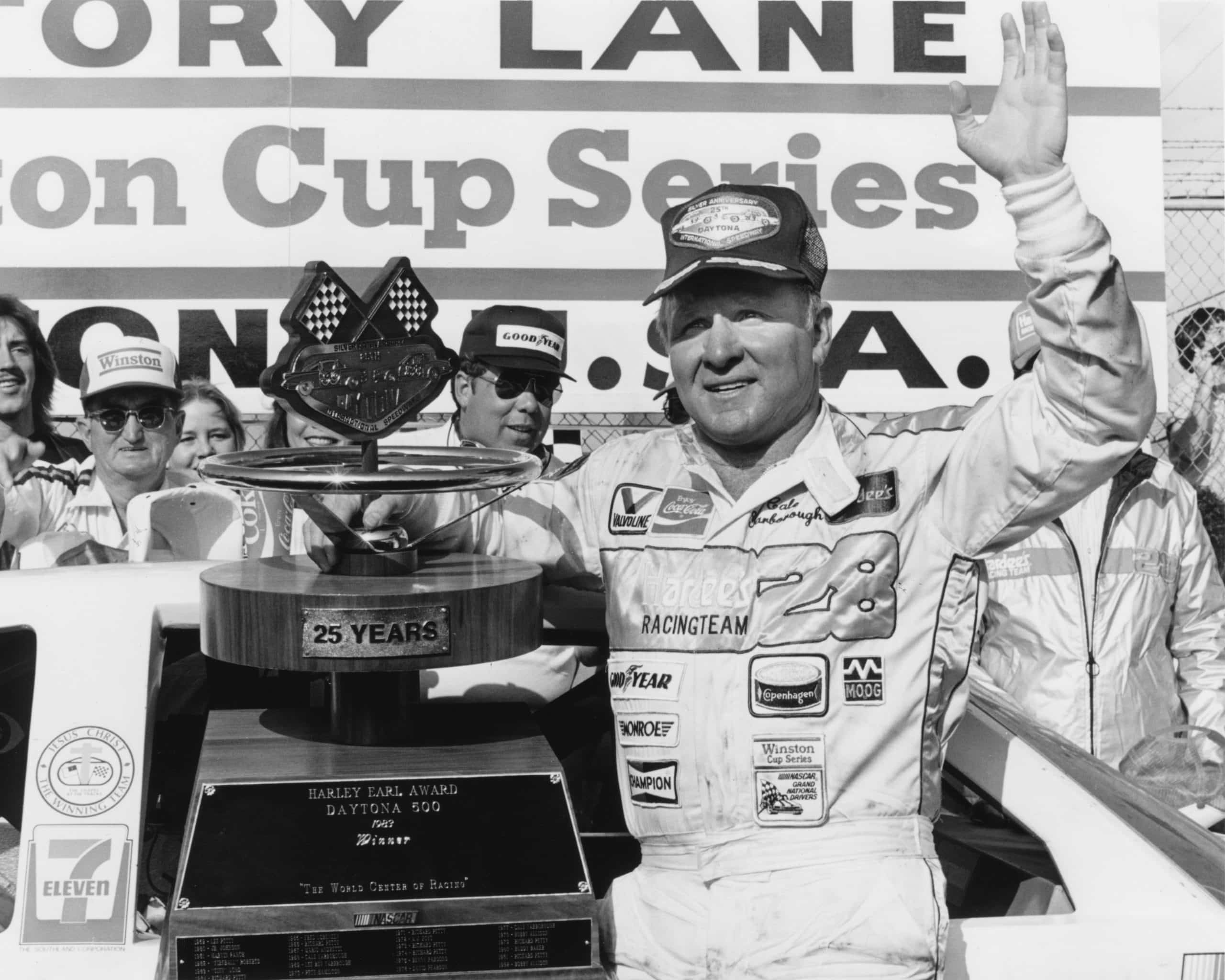 DAYTONA BEACH, FL - FEBRUARY 20: Cale Yarborough celebrates in victory lane after winning the Daytona 500 on February 20, 1983 at the Daytona International Speedway in Daytona Beach, Florida. (Photo by ISC Archives/CQ-Roll Call Group via Getty Images)