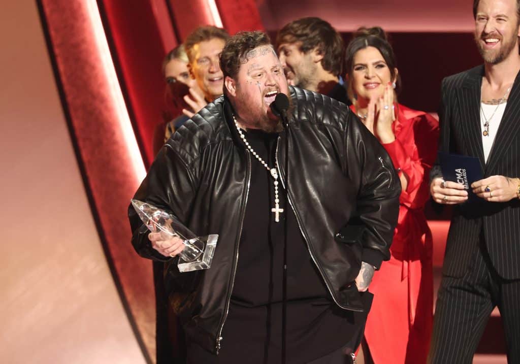 Jelly Roll accepts the New Artist of the Year Award onstage at The 57th Annual CMA Awards at Bridgestone Arena in Nashville, Tennessee on November 8, 2023.