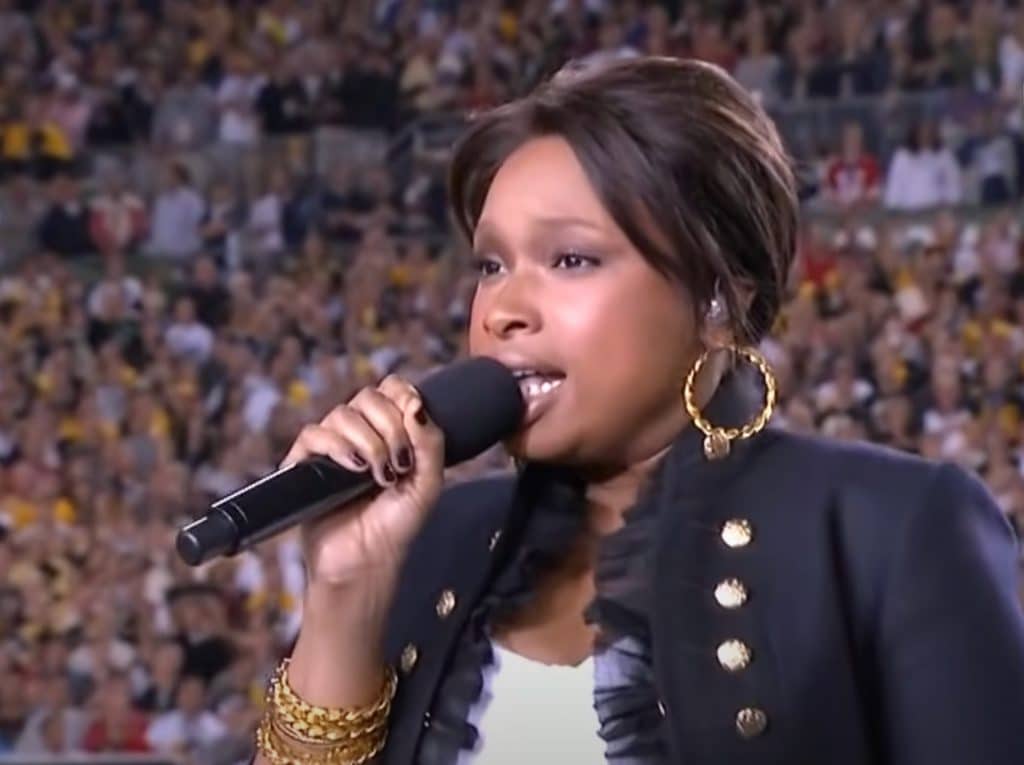 Jennifer Hudson singing national anthem at Super Bowl
