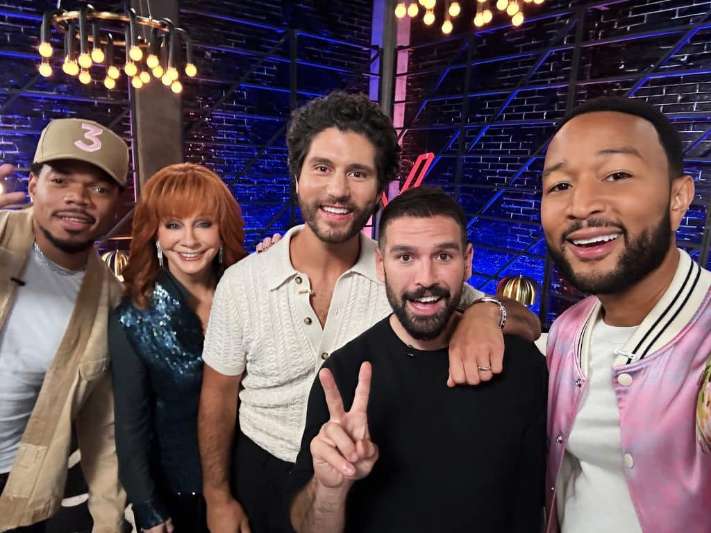 The coaches from Season 25 of The Voice: Chance the Rapper, Reba McEntire, Dan + Shay, and John Legend. They got together to sing "Put a Little Love in Your Heart" ahead of the season premiere.