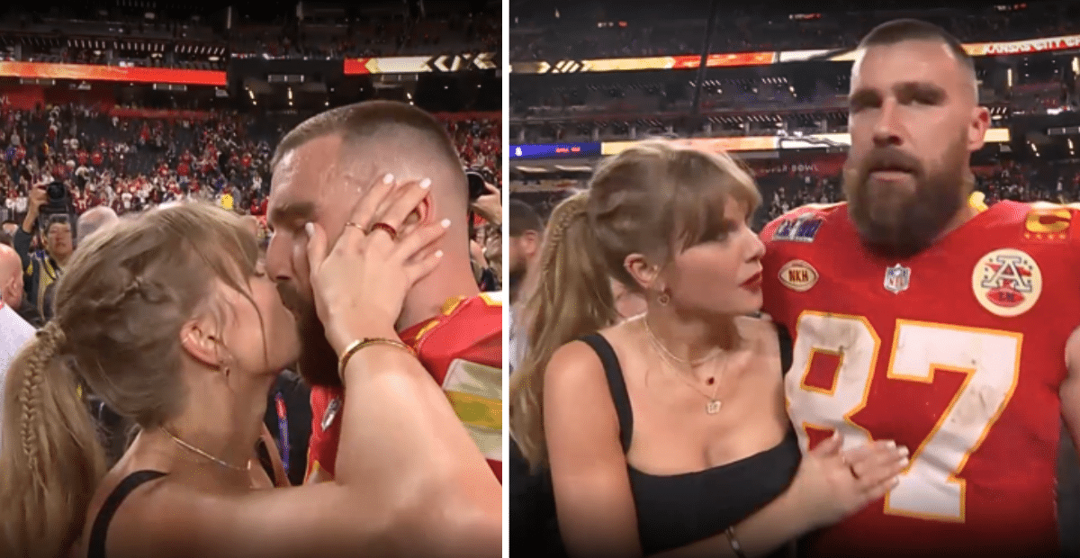 Taylor Swift and Travis Kelce celebrating the Chief's 2024 Super Bowl win.