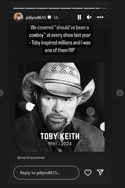 Jelly Roll pays tribute to Toby Keith.