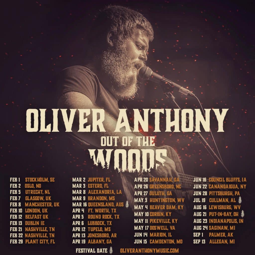 Oliver Anthony is gearing up to release a new album. He's currently on his Out of the Woods world tour, with the dates being listed here.