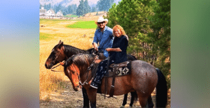 Cole Hauser with his mother Cass Warner on horseback
