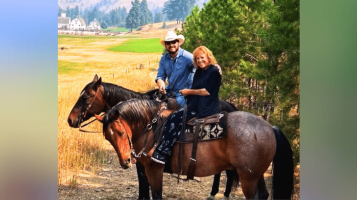 Cole Hauser with his mother Cass Warner on horseback