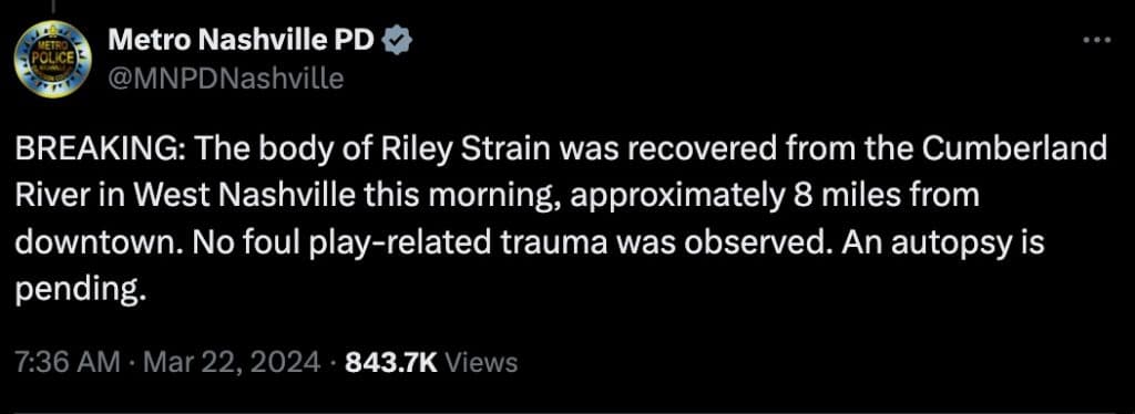 Tweet from MNPD about finding Riley Strain's body.