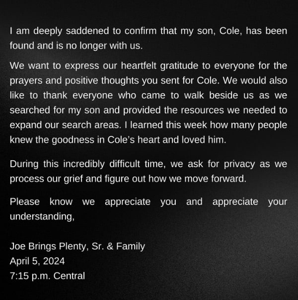 Funeral details for Cole Brings Plenty have been revealed after the actor was found deceased on April 5th. His dad shared this statement