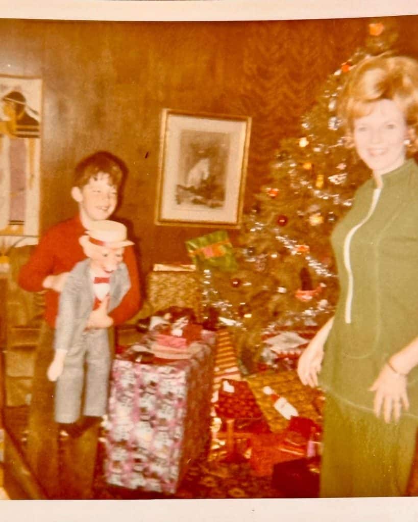 A photo of Jeff Dunham on Christmas with a ventriloquist dummy and his mother, Joyce