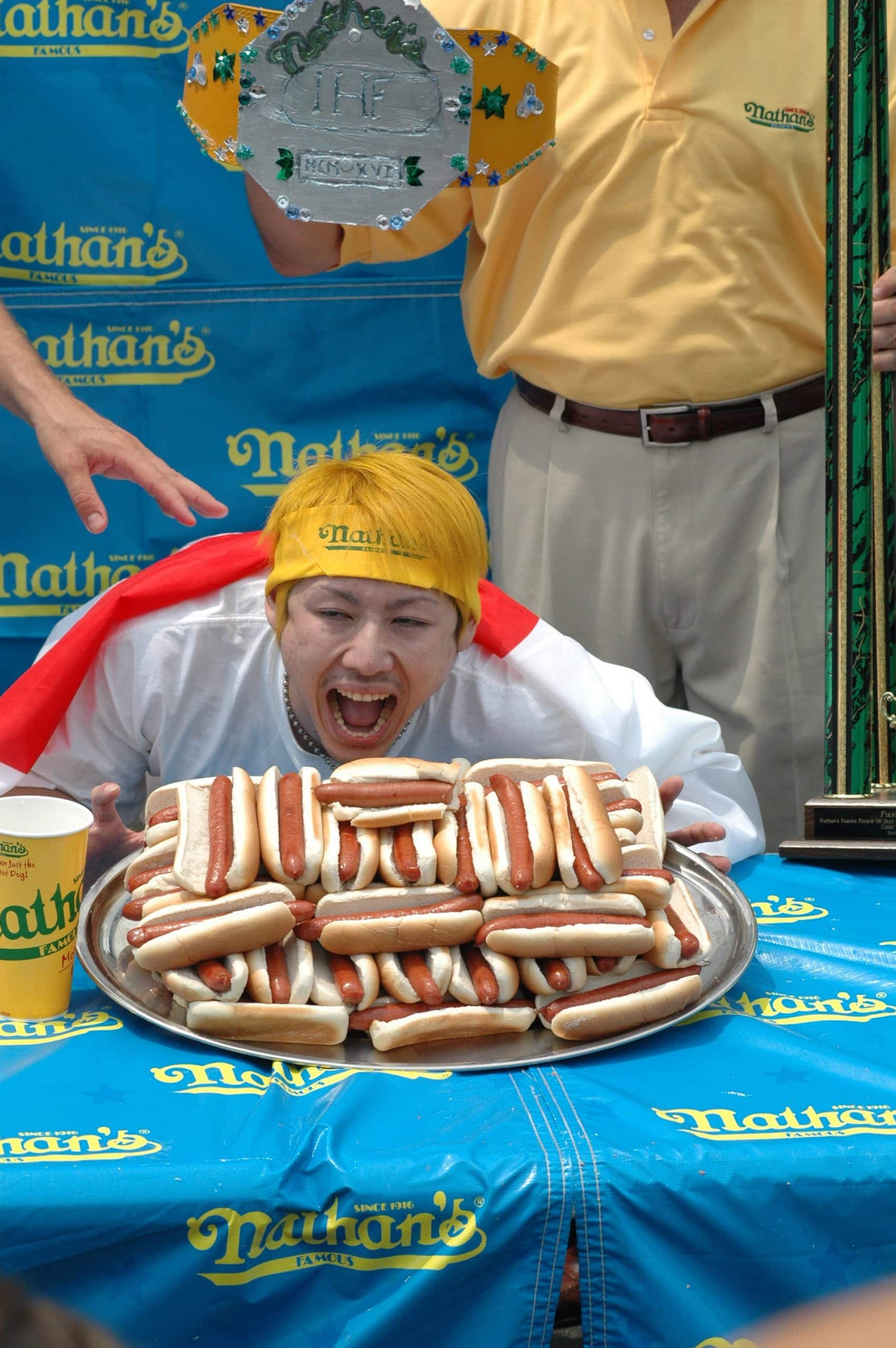 Takeru Kobayashi- Winner with 53 3/4 hot dogs eaten in 12 minutes (Photo by Bobby Bank/WireImage)