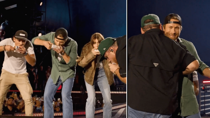 Glen Powell & "Twisters" Cast Shotgun Beer On Stage With Luke Combs.
