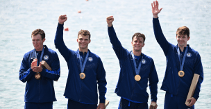 01 August 2024, France, Vaires-Sur-Marne: Paris 2024, Olympics, rowing, Vaires-sur-Marne Nautical Stadium, coxless fours, men, final, Nick Mead, Justin Best, Michael Grady and Liam Corrigan from the USA celebrate with gold medals. Photo: Sebastian Kahnert/dpa (Photo by Sebastian Kahnert/picture alliance via Getty Images)