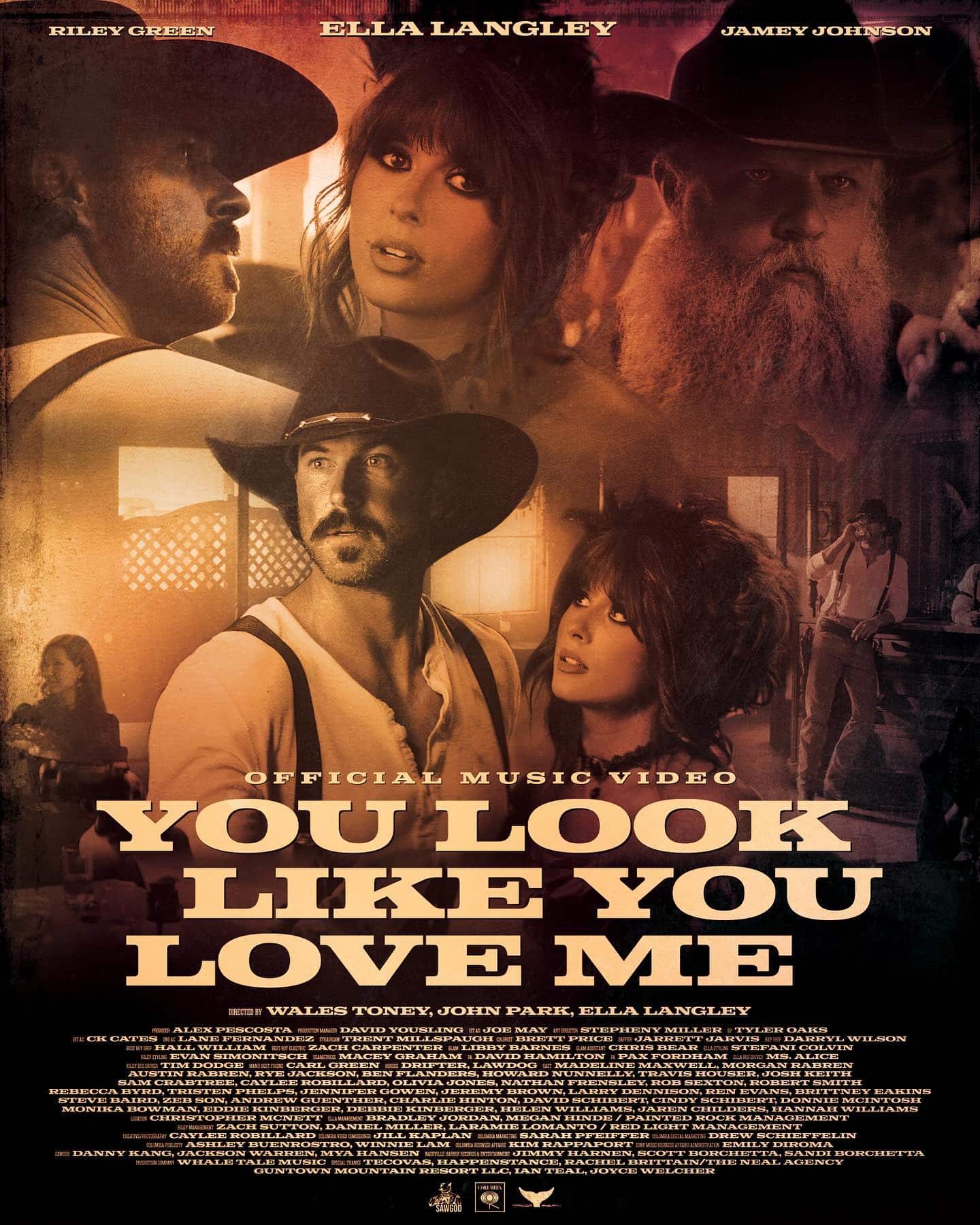 Riley Green, Ella Langley, and Jamey Johnson in the promotional image for the music video for "You Look Like You Love Me"