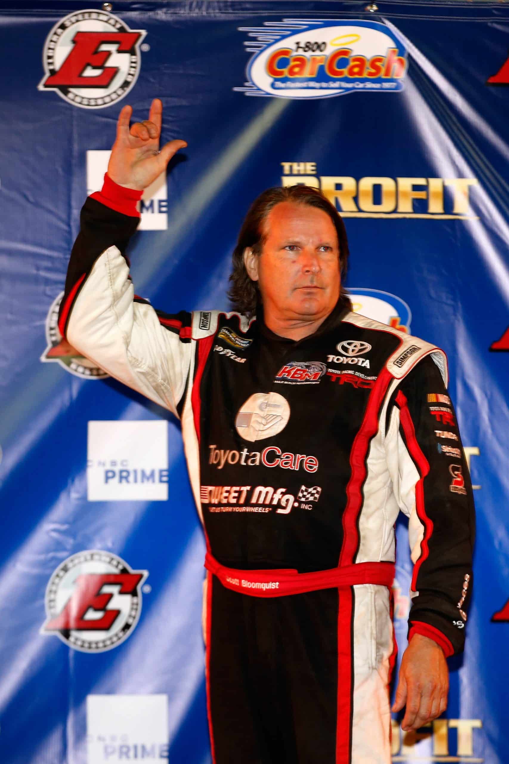 ROSSBURG, OH - JULY 24: Scott Bloomquist, driver of the #51 ToyotaCare Toyota, is introduced during the NASCAR Camping World Truck Series inaugural CarCash Mudsummer Classic at Eldora Speedway on July 24, 2013 in Rossburg, Ohio. (Photo by Chris Graythen/NASCAR via Getty Images)