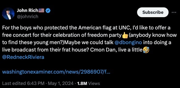 John Rich offered to perform a free concert for the UNC frat brothers who defended the American Flag