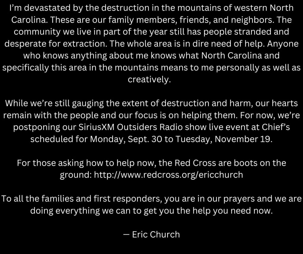 Eric Church shared this message after Hurricane Helene struck his home state of North Carolina