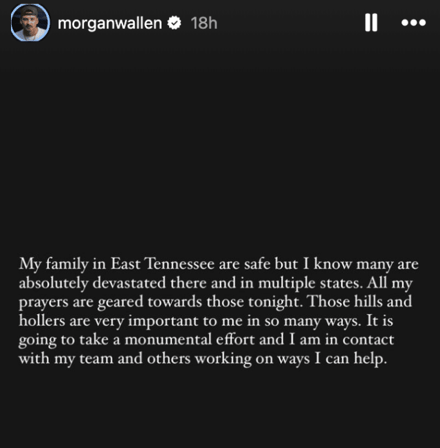 Morgan Wallen's Instagram story after Hurricane Helene...and he is now doing a food drive to help