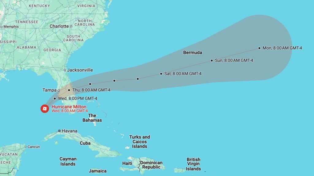 Projected path of Hurricane Milton via Google Maps