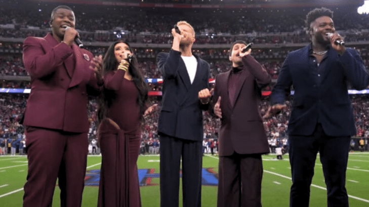 Pentatonix sings the National Anthem during a Christmas Day NFL game in 2024