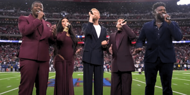 Pentatonix sings the National Anthem during a Christmas Day NFL game in 2024