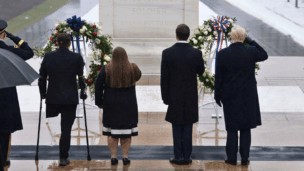 Donald Trump participates in a wreath laying ceremony at Arlington National Ceremony