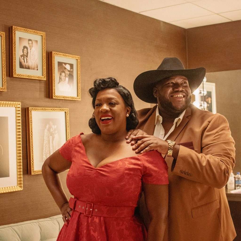 The War and Treaty in a dressing room at the Grand Ole Opry