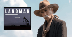 Sam Elliott as Shea Brennan in 1883, with an inlay of the Landman series logo.
