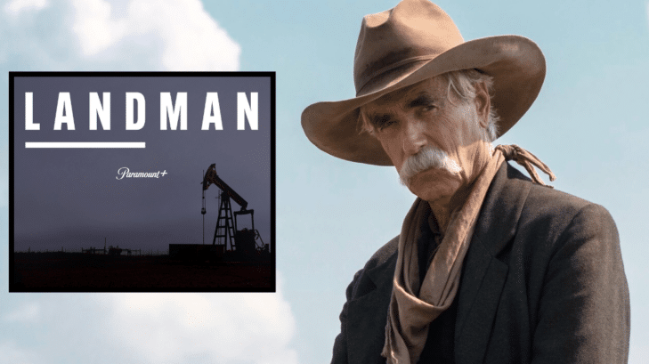 Sam Elliott as Shea Brennan in 1883, with an inlay of the Landman series logo.