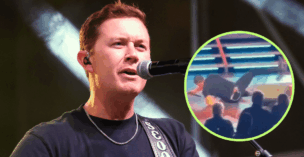 Main photo of Scotty McCreery at the ACM Country Kickoff in 2024, and circle inlay of his onstage fall in at a concert in 2025.