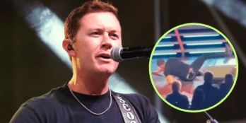 Main photo of Scotty McCreery at the ACM Country Kickoff in 2024, and circle inlay of his onstage fall in at a concert in 2025.