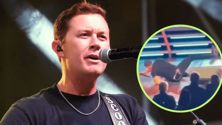 Main photo of Scotty McCreery at the ACM Country Kickoff in 2024, and circle inlay of his onstage fall in at a concert in 2025.