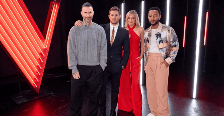 Voice Season 27 coaches Adam Levine, Michael Buble, Kelsea Ballerini, and John Legend