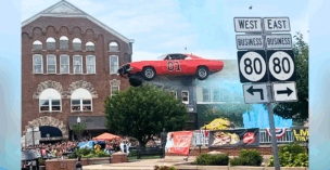 On June 28, in Somerset, Kentucky, the General Lee soared over the city's downtown fountain to the delight of thousands of spectators.
