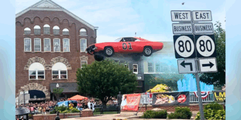 On June 28, in Somerset, Kentucky, the General Lee soared over the city's downtown fountain to the delight of thousands of spectators.
