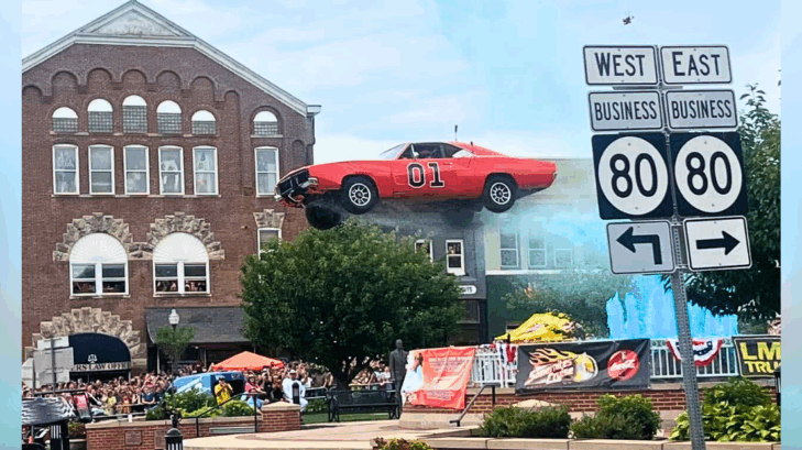 On June 28, in Somerset, Kentucky, the General Lee soared over the city's downtown fountain to the delight of thousands of spectators.