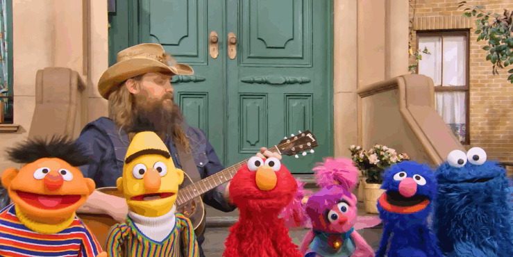 Chris Stapleton made his way to Sesame Street, singing the song "You've Got A Friend In Music" with Elmo and other Muppets of Sesame Street.