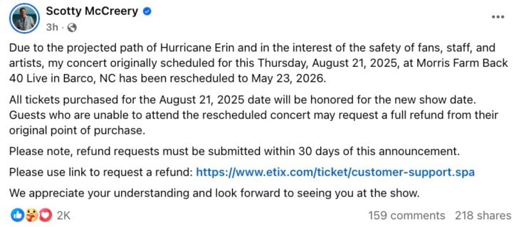 Scotty McCreery postpones North Carolina show due to Hurricane Erin 