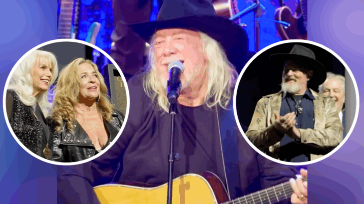 At the October 19 Country Music Hall of Fame induction ceremony, John Anderson sang "Can The Circle Be Unbroken (By And By)" as a tribute to June Carter Cash, who was inducted as part of the Hall of Fame Class of 2025. At left, Emmylou Harris can be seen with Carlene Cash; and, at right, John Carter Cash is pictured.