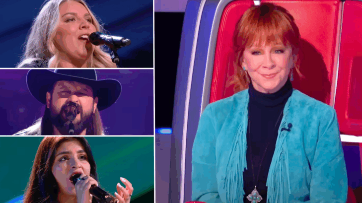 Reba McEntire with her Voice team members Cori Kennedy Aaron Nichols, and Vinya Chhabra