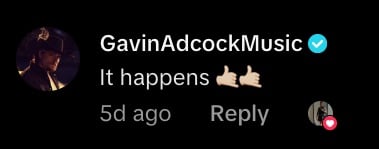 Gavin Adcock comments on a TikTok video where he fell off stage