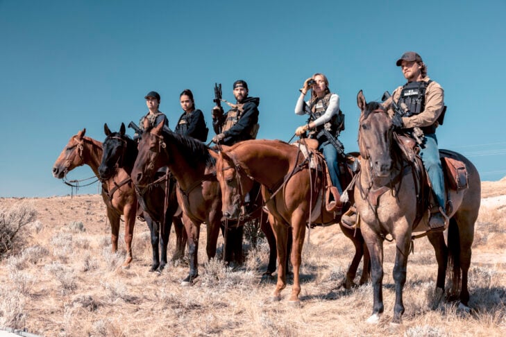 "Zone of Death" -- Coverage of the CBS Original Series MARSHALS, scheduled to air on the CBS Television Network. Pictured (L-R): Tatanka Means as Miles, Ash Santos as Andrea, Logan Marshall-Green as Pete Calvin, Arielle Kebbel as Belle, and Luke Grimes as Kayce Dutton.