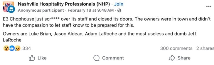 Message from alleged E3 Chophouse employee about closure